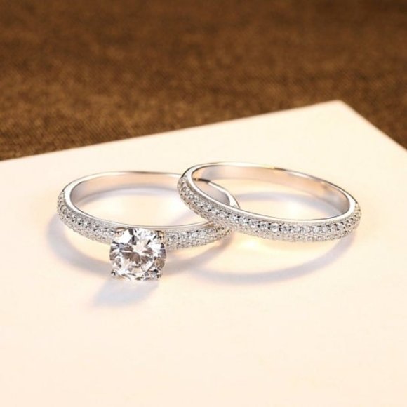 925 Sterling Silver Round Zircon Engagement Rings Set Wedding Rings Set - Picture 5 of 5